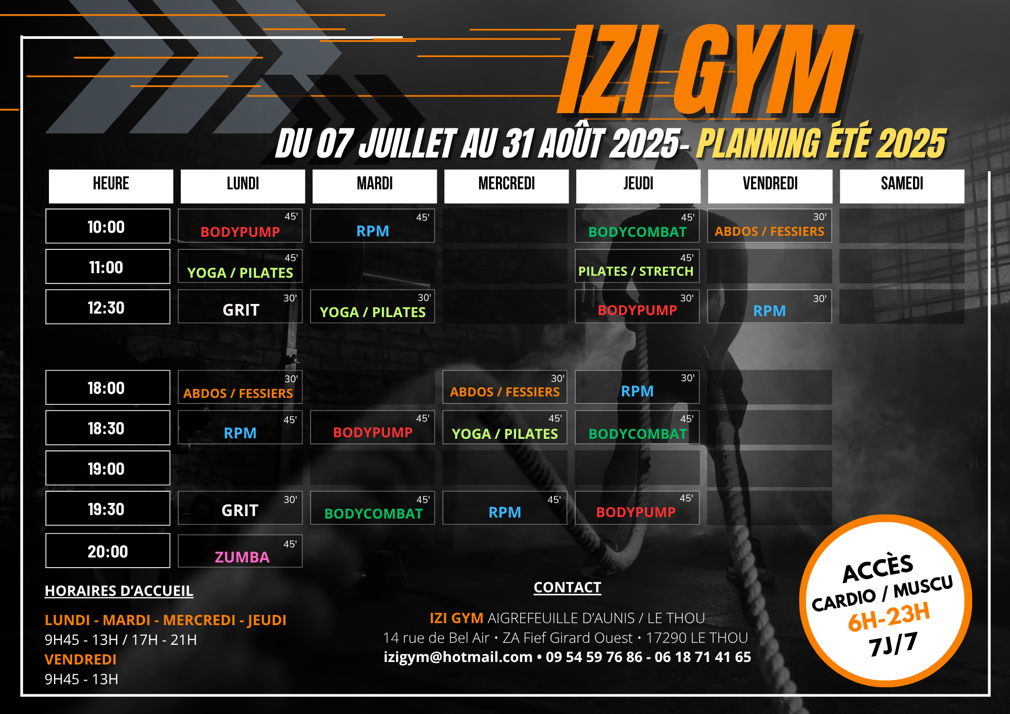 planning horaires cours collectif izi Gym